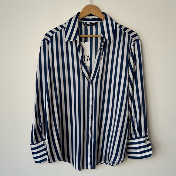 ZARA Navy Blue & White Striped Satin Finish Button Down Shirt - NWT - Picture 2 of 7